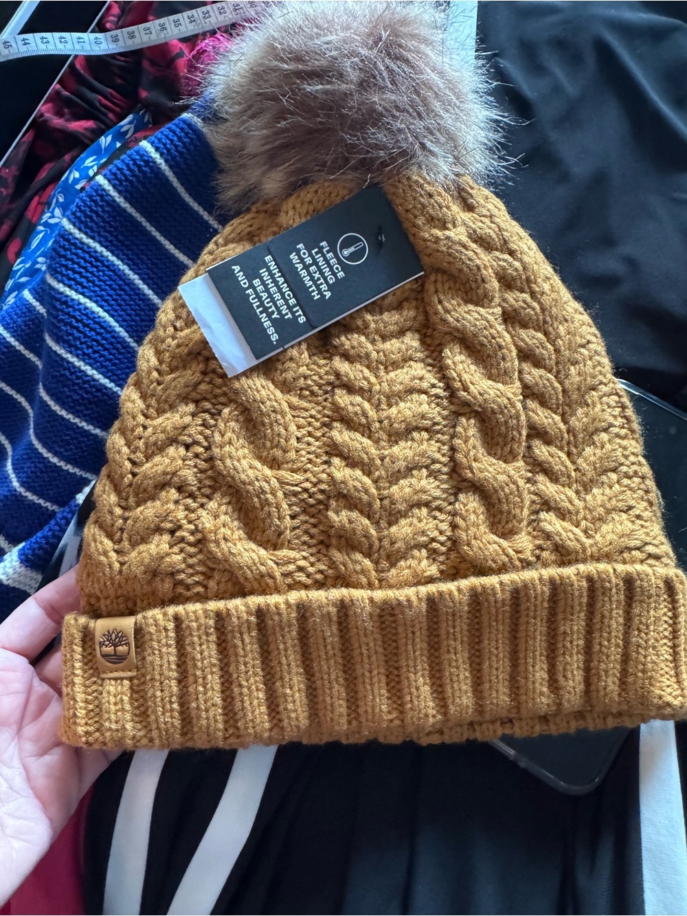 Timberland Mustard Cable Knit Pom-Pom Beanie